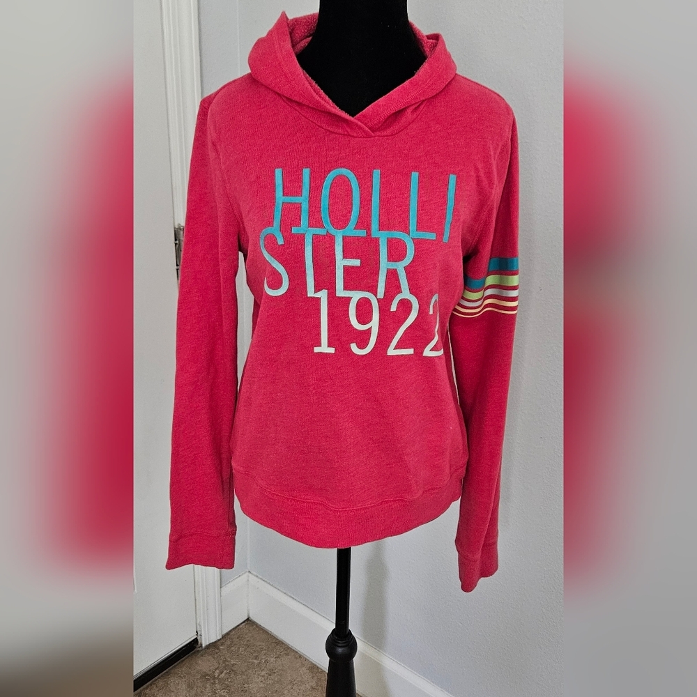 Hollister Hot Pink Hooded Sweatshirt with Multicolor Sleeve Stripes